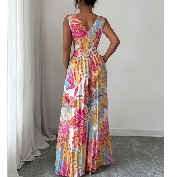 Boho Multicolor V neck Sleeveless Cut out Pleated Wide Leg Jumpsuit - Picture 5 of 5